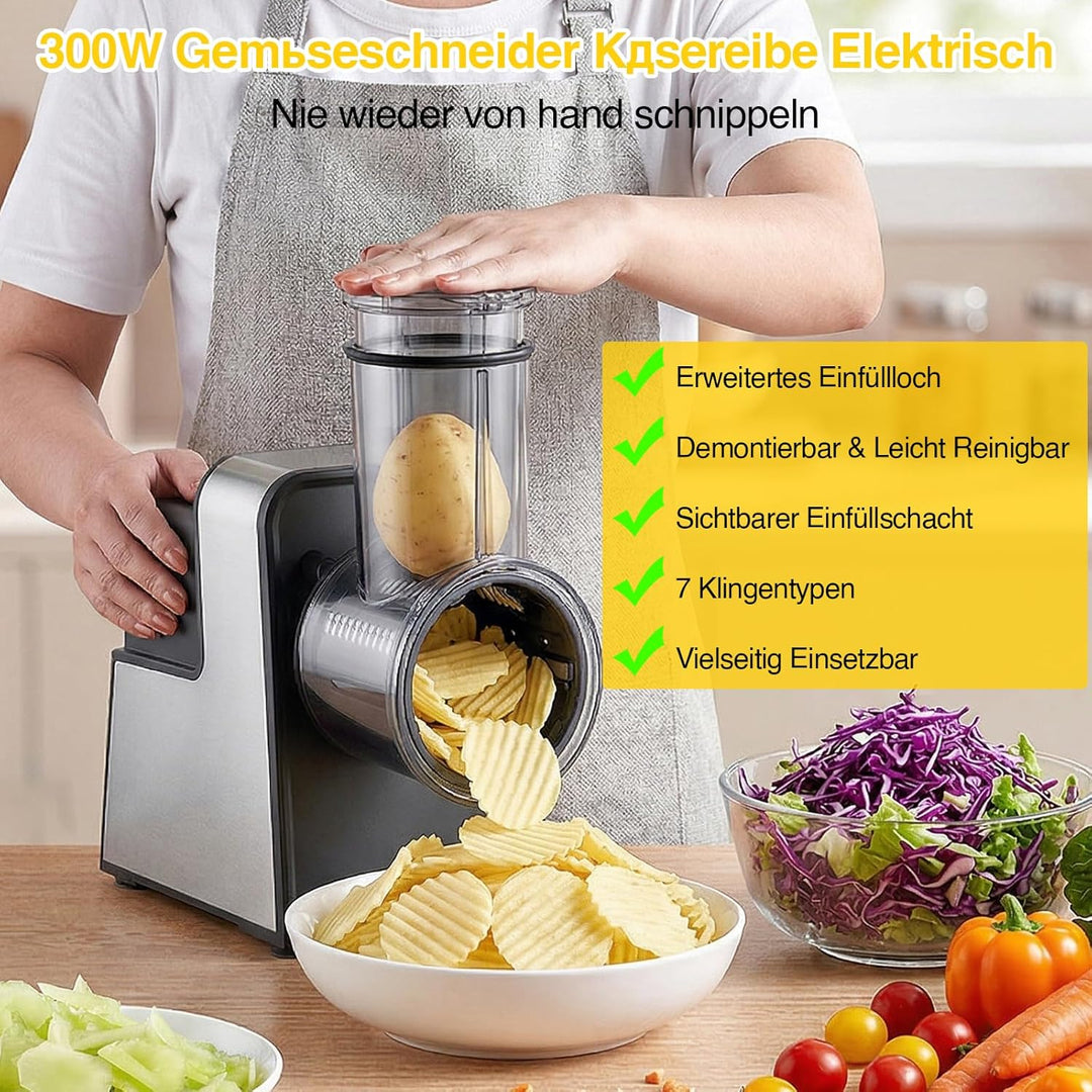 Gemüseschneider Elektrisch, Elektrische Käsereibe mit 7 Edelstahlklingen, 300W Reibe für Obst und Ge