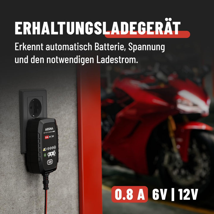 ABSINA Roller & Motorrad Batterieladegerät vollautomatisch mit 800mA - AGM Ladegerät 6V & 12V Blei B