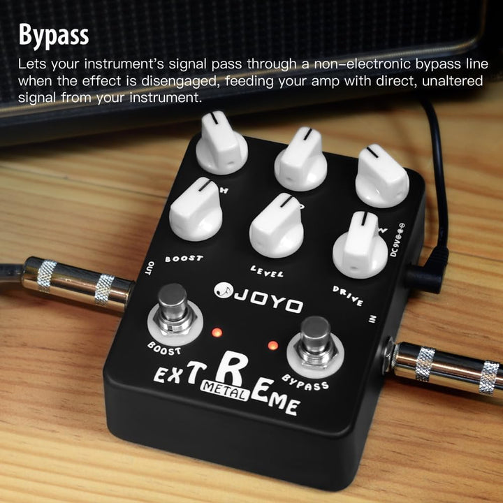 JOYO Metal Distortion Pedal mit 3-Band-EQ und Low-Mid-High Gain Boost für E-Gitarren-Effekt – Bypass