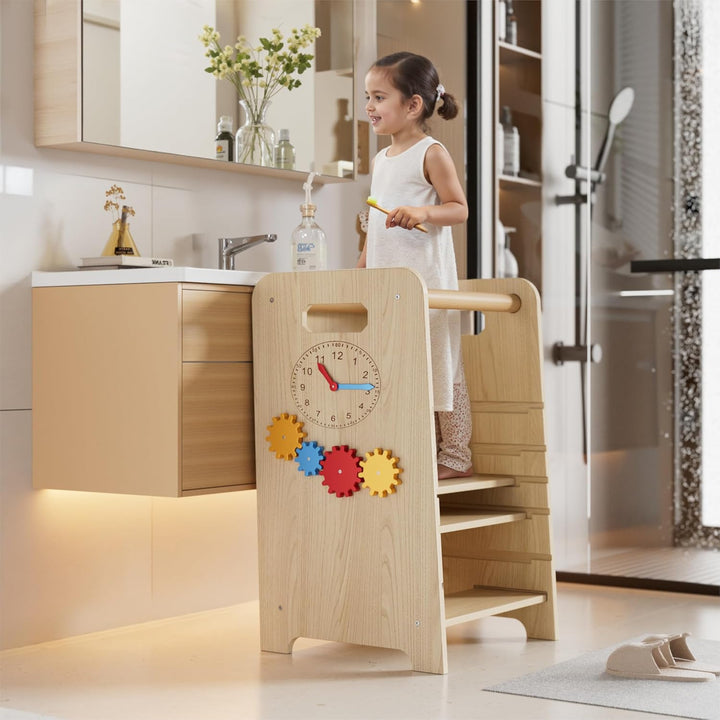 Montessori Lernturm ab 1 Jahr 4-in-1 Trittleiter Holz mit Tafel & Schiebeleiter 4-Fach Höhenverstell
