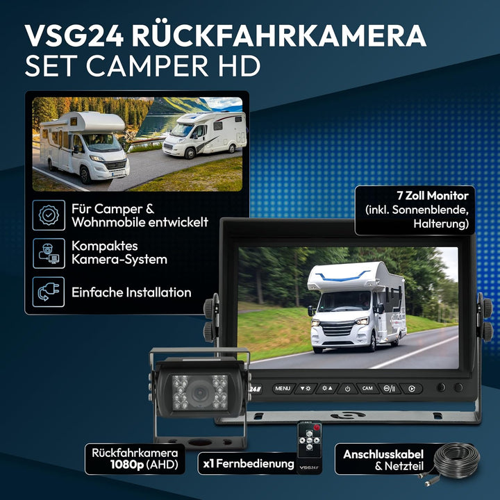 VSG24 Rückfahrkamera 7" HD Starter-Set inkl. Kamera, Monitor, Kabel - Wasserdicht Nachtsicht 12V-24V