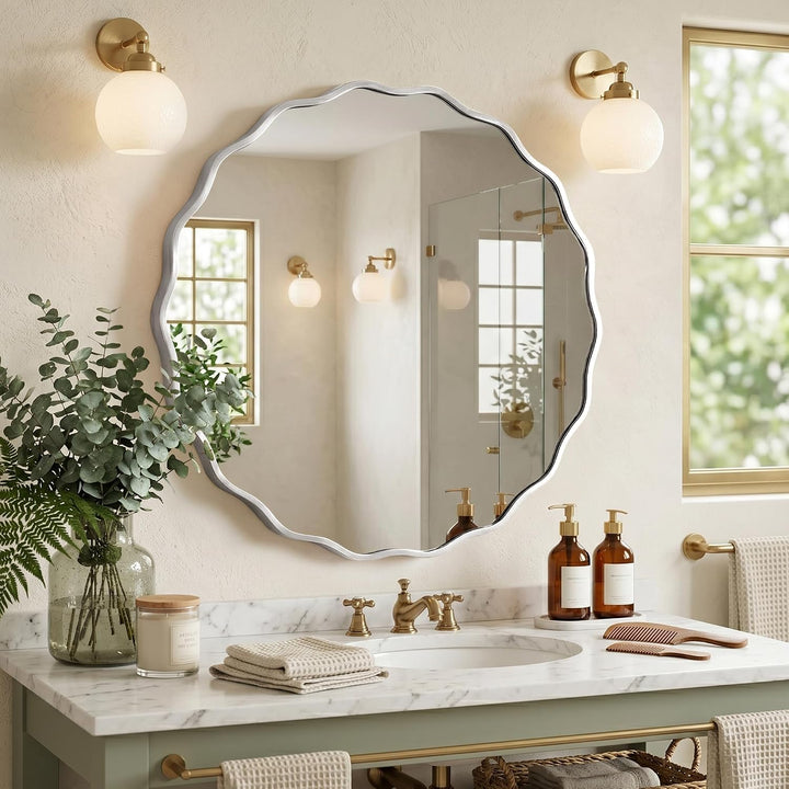 Wavy Runder Wandspiegel mit gebürstetem Aluminiumrahmen &amp; gehärtetem Sicherheitsglas für Badezimmer,