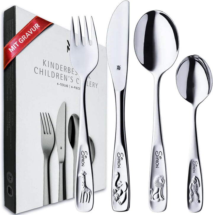 WMF Kinderbesteck mit Gravur 4-teilig - Tiere Motiv - Personalisiertes Kinderbesteck Edelstahl, Kind