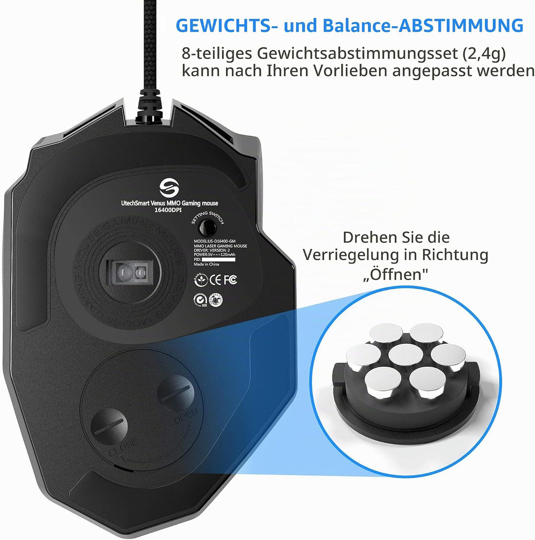 UtechSmart Venus Gaming Maus 16400 DPI USB Laser MMO Gaming Mouse, 18 programmierbare Tasten,16400 D