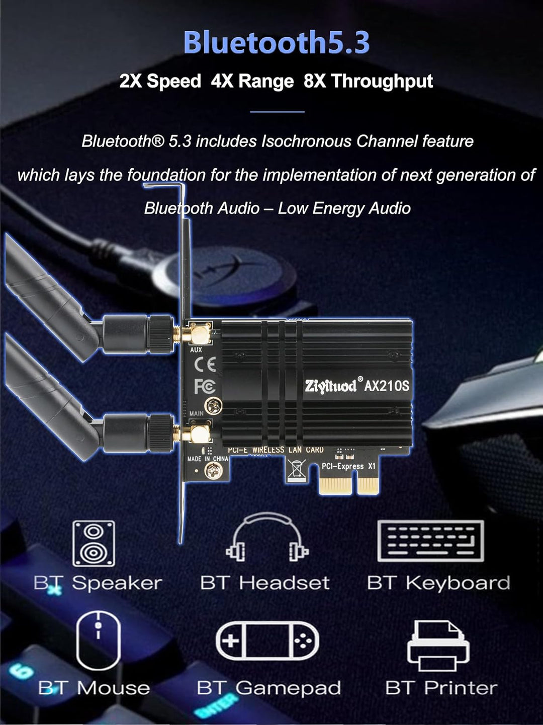 WLAN Karte, Intel AX210 Bluetooth5.3, Bis zu 5400Mbit/s Tri-Bands(6G/5G/2.4G) WLAN PCIe WiFi 6 Karte