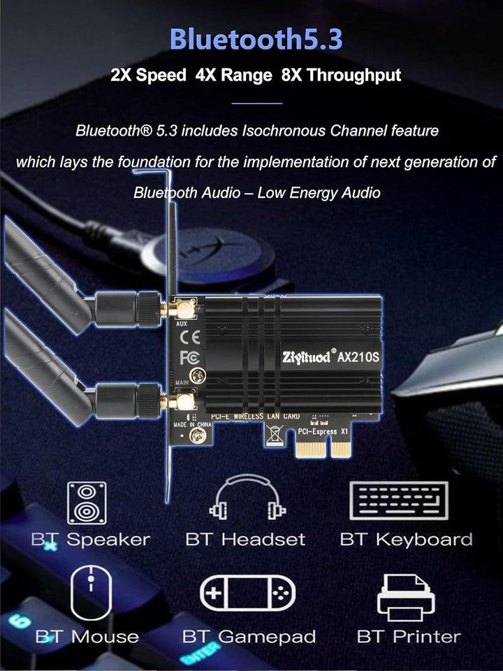 WLAN Karte, Intel AX210 Bluetooth5.3, Bis zu 5400Mbit/s Tri-Bands(6G/5G/2.4G) WLAN PCIe WiFi 6 Karte