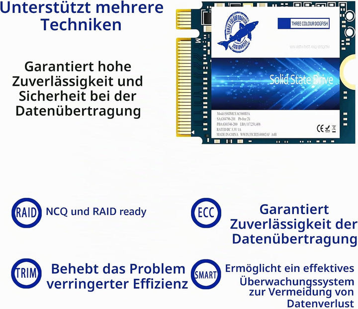 Dogfish SSD M.2 2230 NVMe PCIe 4.0 1TB 3D TLC NAND Gaming Internal Solid State Drive Kompatibel mit