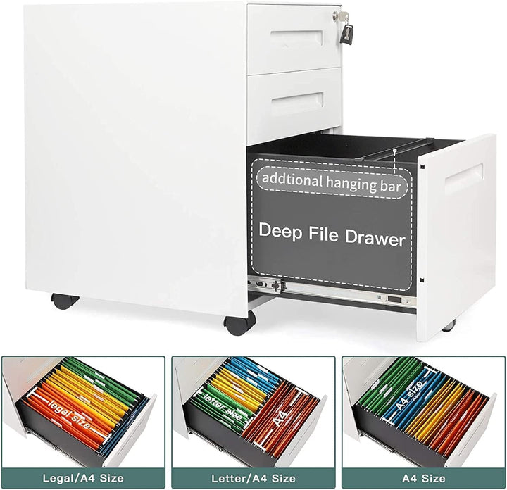 Dripex Metall Rollcontainer Stahl Rollcontainer mit 3 Schubladen und Hängeregistratur Abschliessbare