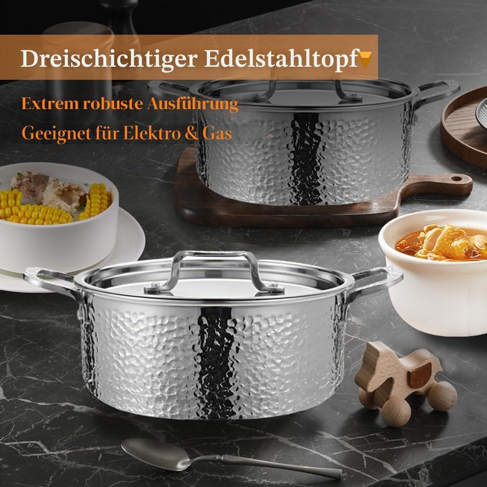 Edelstahl Kochtopf mit Deckel Induktion 3-Schicht Suppentopf Nudeltopf Hammerschlag Design grosser T