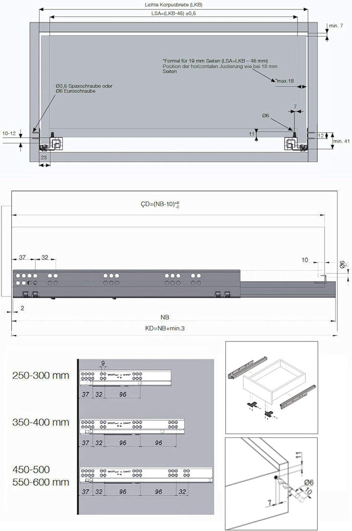 SOTECH 1 Paar Smart Slide Vollauszüge UV4-40-K2D-L300-SC für Holzschublade, 40 kg, 300 mm mit Soft-C