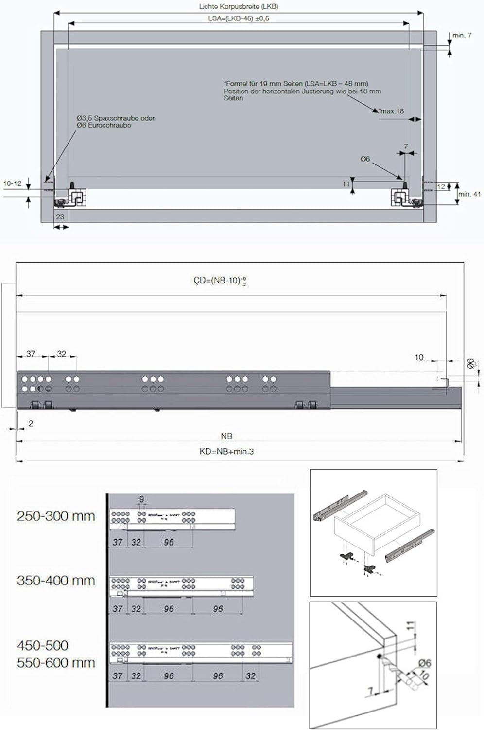 SOTECH 1 Paar Smart Slide Vollauszüge UV4-40-K2D-L500-SC für Holzschublade, 40 kg, 500 mm mit Soft-C
