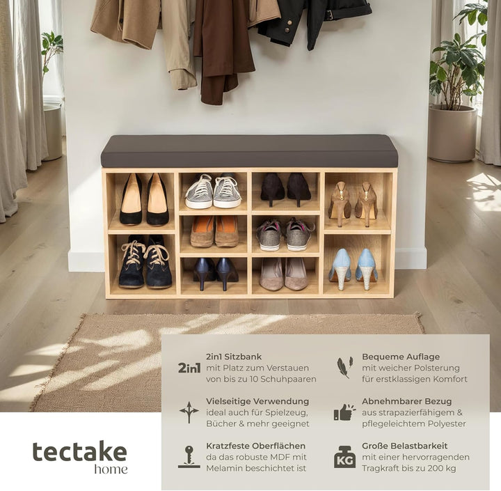 tectake® Schuhschrank mit Sitzbank, Schuhregal, Sitzbank mit Stauraum für 10 Paar Schuhe, Garderobe,