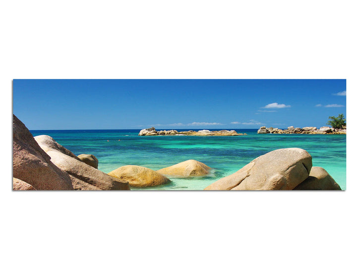 Paul Sinus Art Panoramabild auf Leinwand und Keilrahmen 150x50cm Seychellen Meer Steine Strand Himme