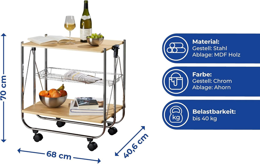 WENKO Servierwagen Dinett Deluxe Ahorn, 2 Ablageflächen & länglicher Gitterkorb, mit 4 leichtgängige
