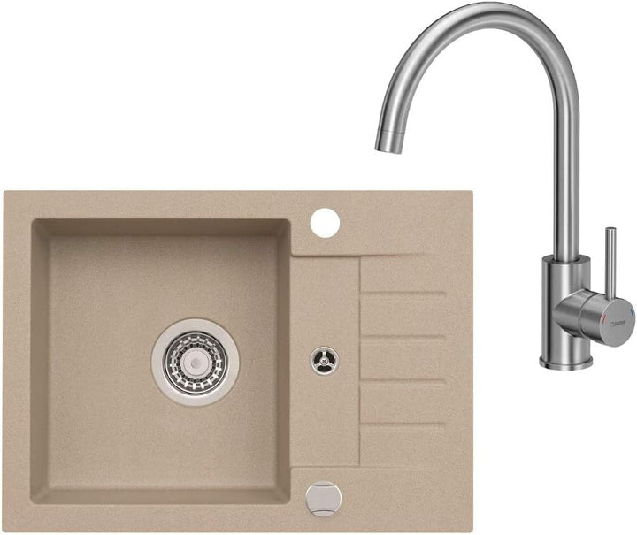 VBChome Spüle Beige 58 x 42 cm mit Spültischarmatur Granit Einzelbecken Einbauspüle gesprenkelt reve