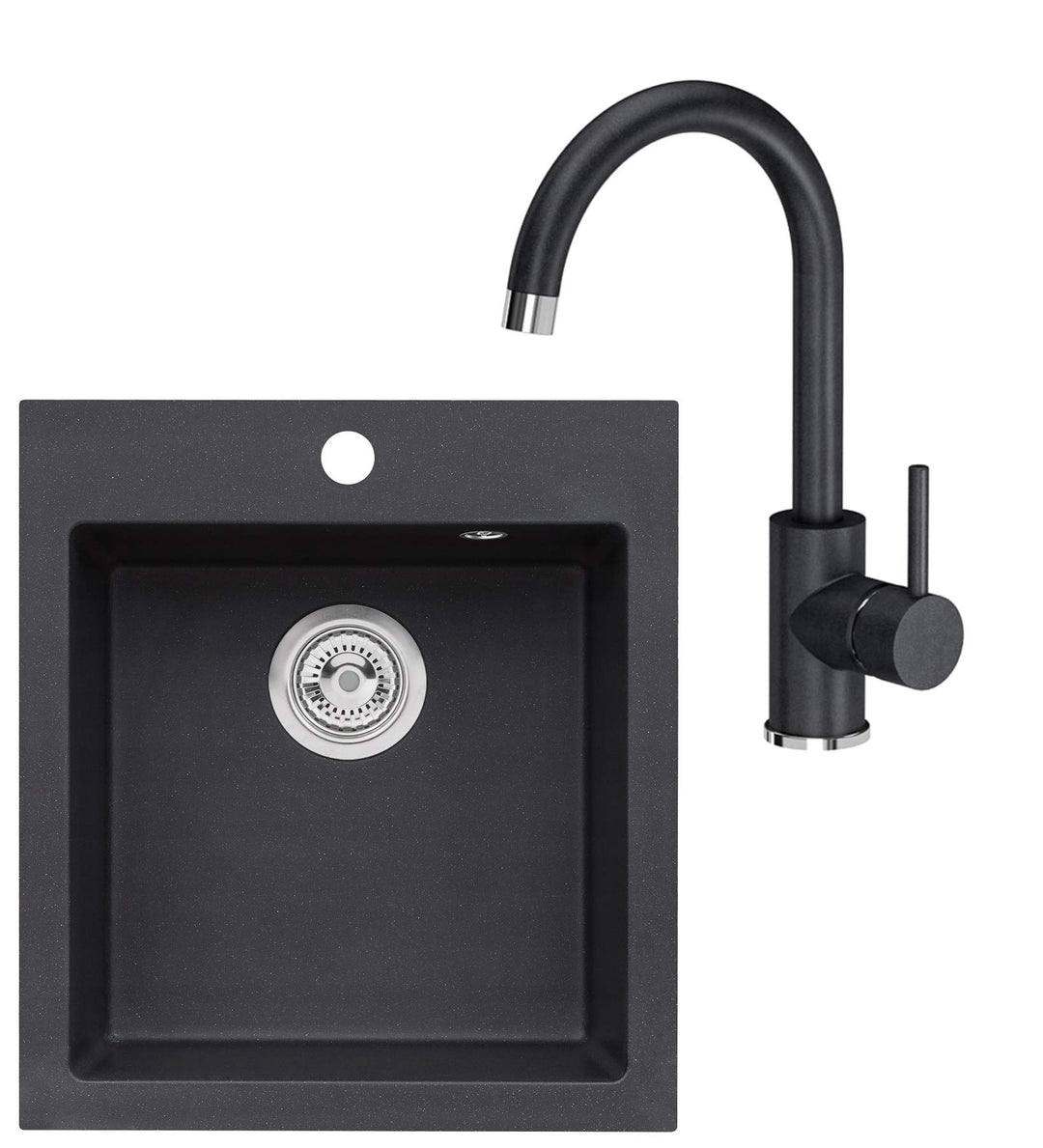 VBChome Spülbecken mit Armatur 45 x 50 cm Schwarz Einzelbecken Einbauspüle Spüle Küchenspüle Spültis