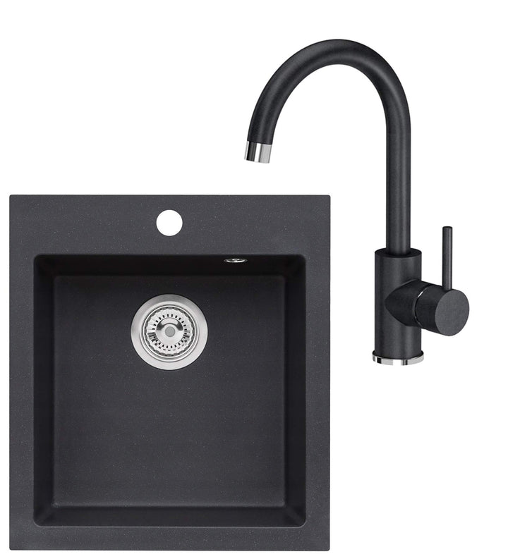 VBChome Spülbecken mit Armatur 45 x 50 cm Schwarz Einzelbecken Einbauspüle Spüle Küchenspüle Spültis