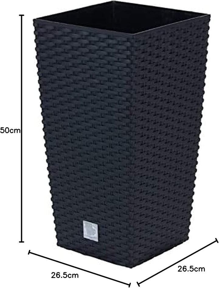 Prosperplast Blumentopf in Rattan-Optik Pflanzkübel mit Einsatz | 26,5 x 26,5 x 50 cm | anthrazit |