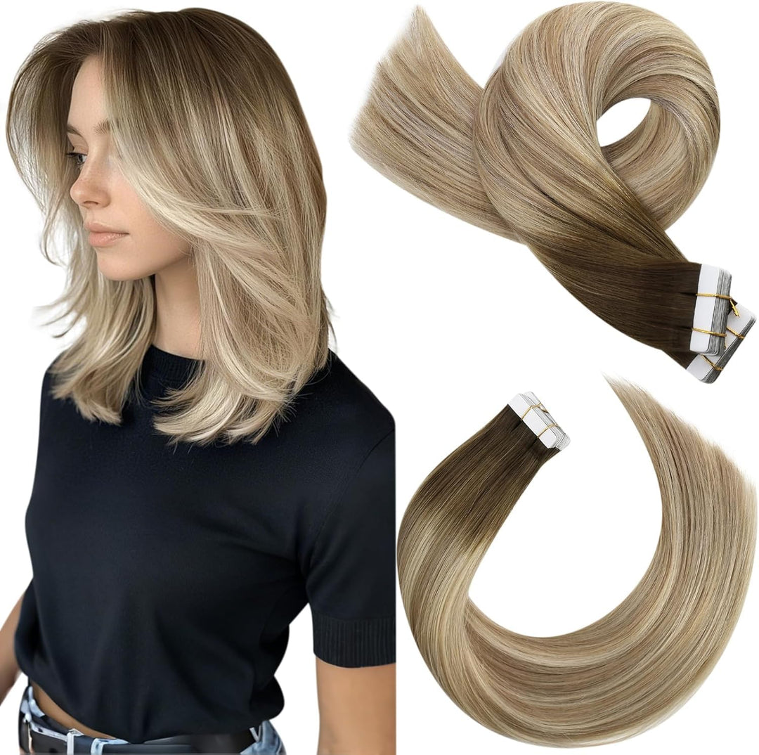 Moresoo Tape Extensions Echthaar Balayage Unsichtbar Haarverlängerung Echthaar Tapes Braun bis Hellb