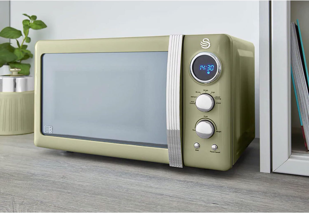 Swan Retro SM22030GNEU Digital Mikrowelle 20L, 5 Leistungsstufen, Auftaufunktion, 60 Minuten Timer,