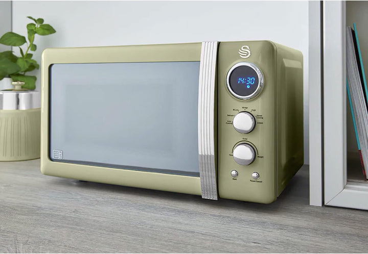 Swan Retro SM22030GNEU Digital Mikrowelle 20L, 5 Leistungsstufen, Auftaufunktion, 60 Minuten Timer,