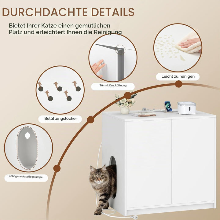 Katzenklo Schrank Versteckt mit Steckdosen, 80 x 60 x 80 cm, Weiss | Katzenschrank Möbel mit USB, fü