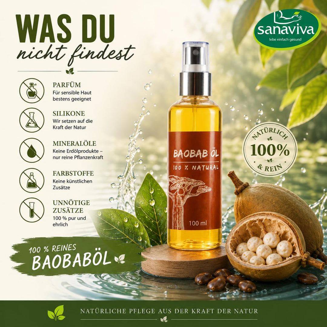 sanaviva® Baobaböl Kaltgepresst (100ml) Baobab-Oil Bio Rein &amp; Natürlich 100% Vegan Premium Baobab Öl