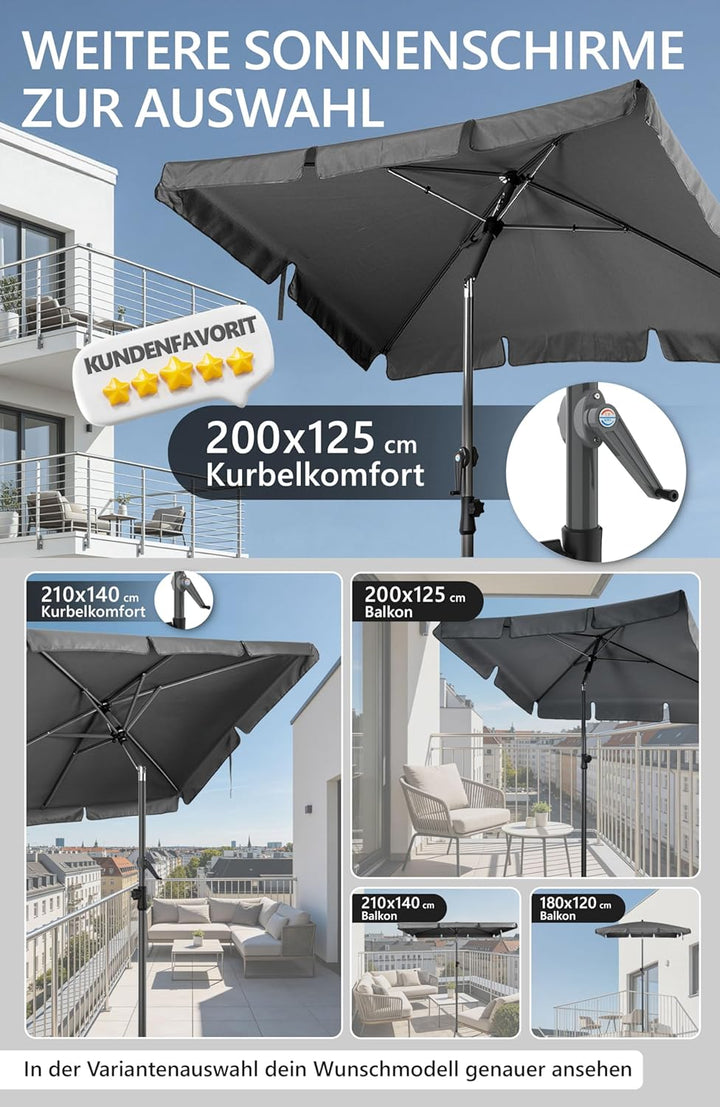 4smile Sonnenschirm Balkon in Anthrazit - Sonnenschirm rechteckig 200x125cm mit UV50+ Sonnenschutz |