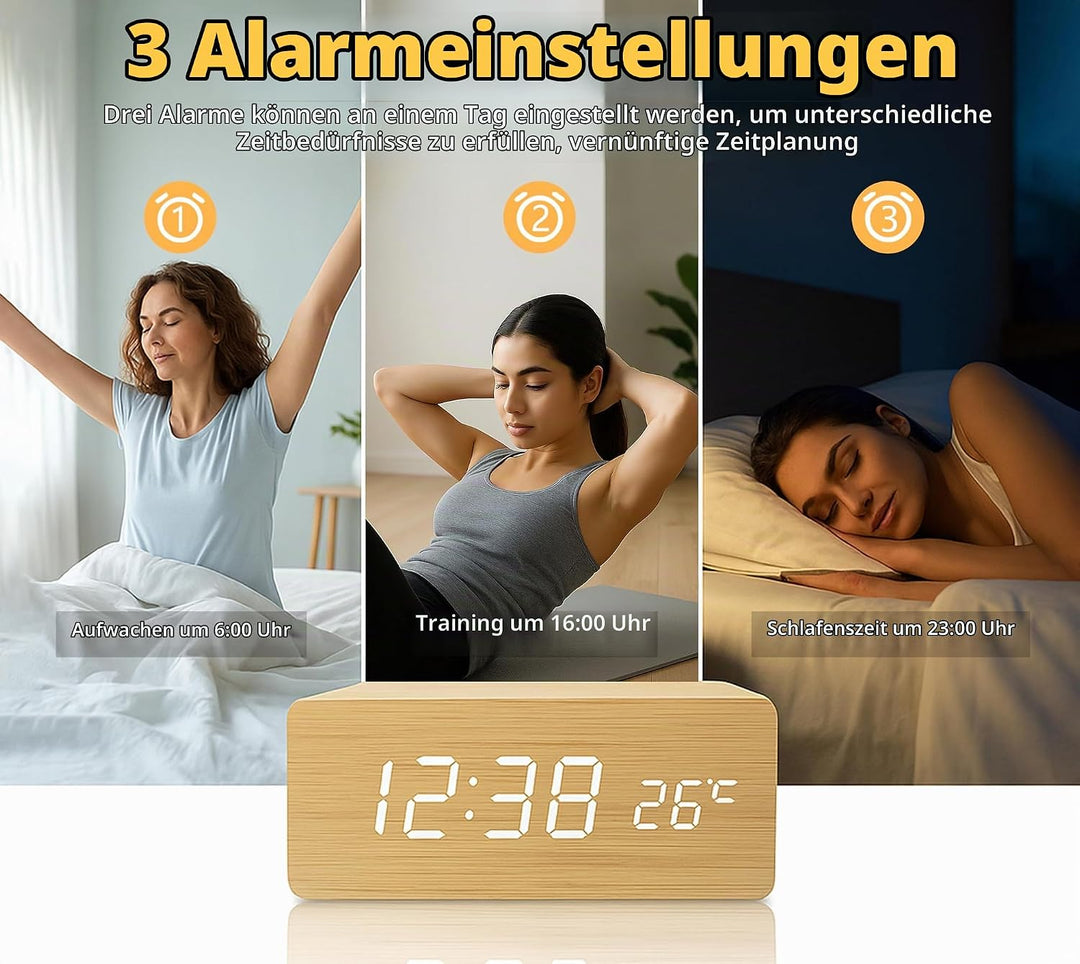 iTOMA Kleiner Holz-Wecker mit 3 Alarmen, manuellem Dimmer, 12-/24-Stunden-Format und weisser LED-Anz