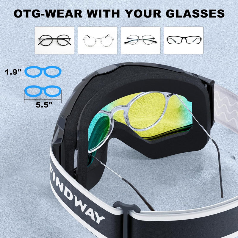 Findway Skibrille, Snowboard Brille für Brillenträger Herren Damen Erwachsene Jugendliche OTG UV-Sch