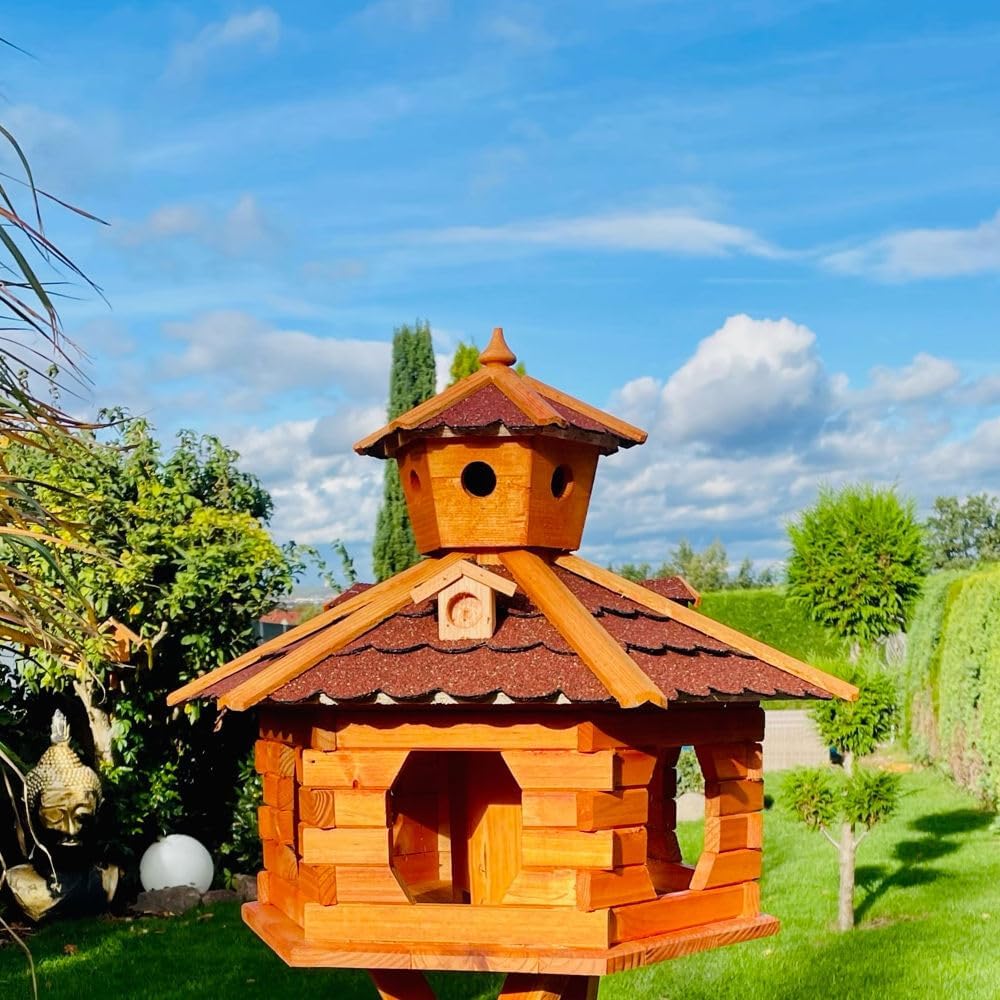 Handgefertigtes Sechseck Vogelhaus aus Holz wetterfest M - XXL mit und ohne Ständer, Futterhaus, Fut