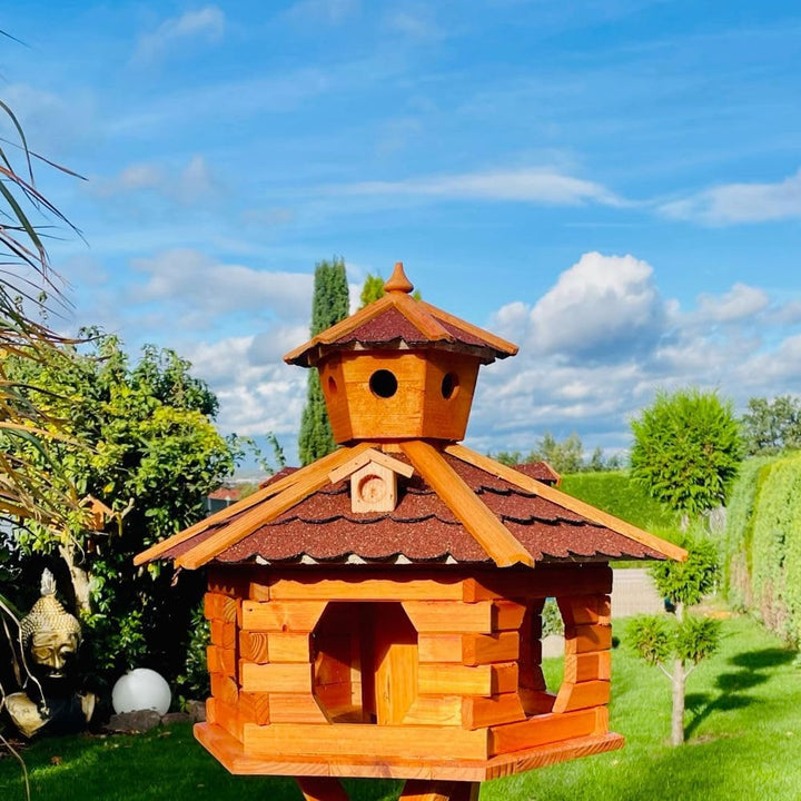 Handgefertigtes Sechseck Vogelhaus aus Holz wetterfest M - XXL mit und ohne Ständer, Futterhaus, Fut