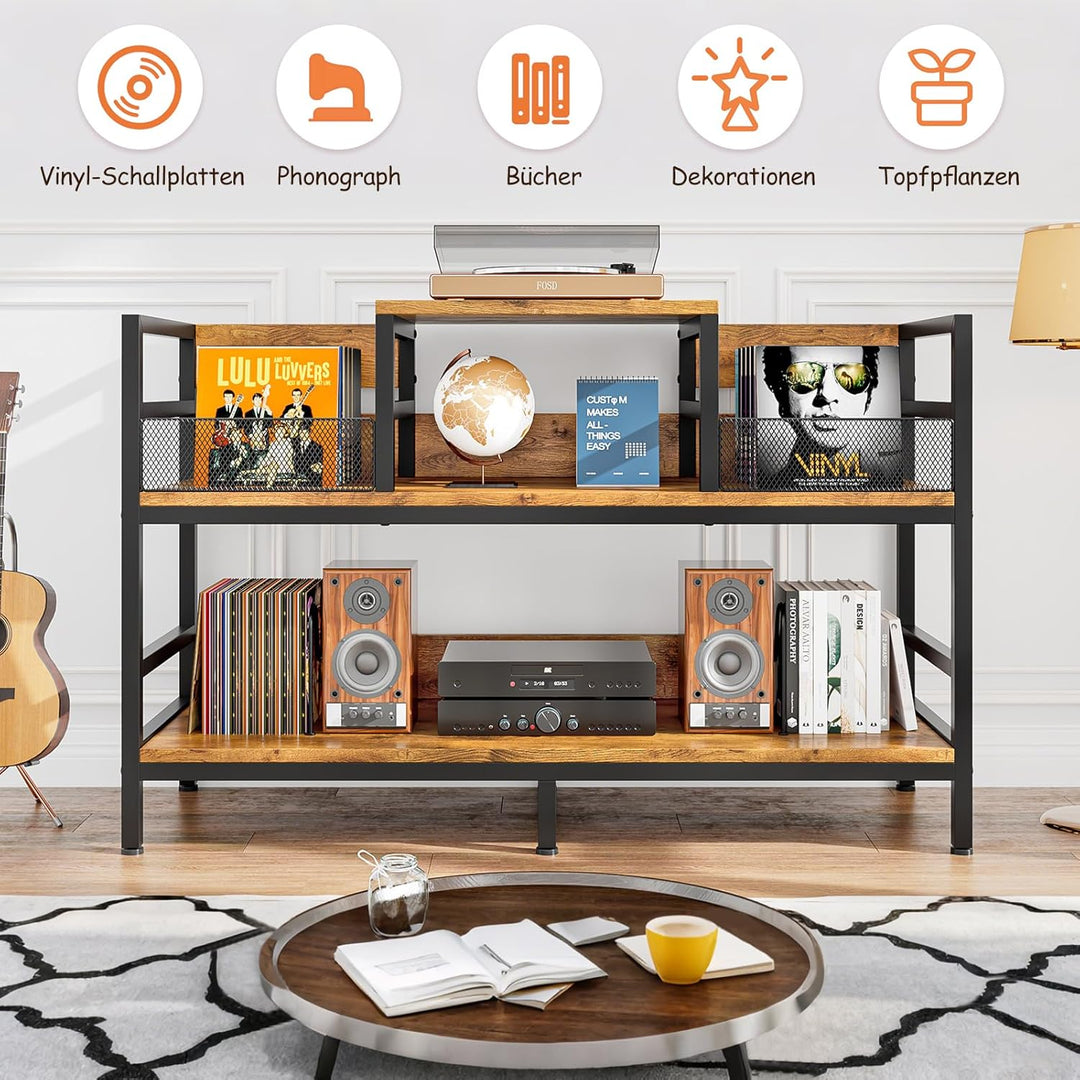 KZOBYD Plattenspielerständer, Schallplatten Regal mit Ablage, 3-Ebenen Plattenspieler Tisch Plattenh