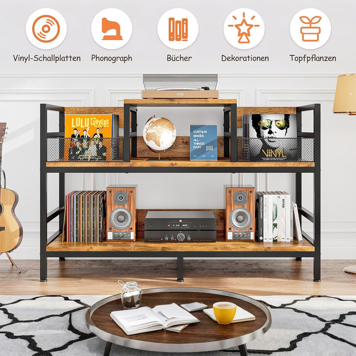 KZOBYD Plattenspielerständer, Schallplatten Regal mit Ablage, 3-Ebenen Plattenspieler Tisch Plattenh