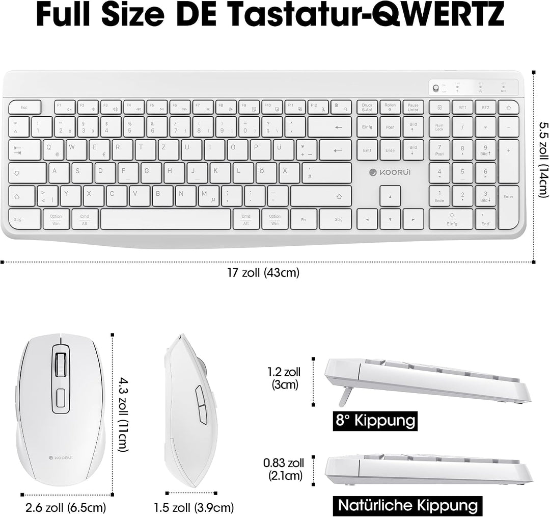 KOORUI Tastatur und Maus Kabellos, Wiederaufladbar Leise Maus Tastatur Set Deutsches Layout QWERTZ m