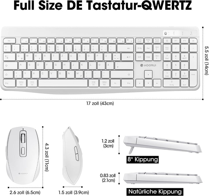 KOORUI Tastatur und Maus Kabellos, Wiederaufladbar Leise Maus Tastatur Set Deutsches Layout QWERTZ m