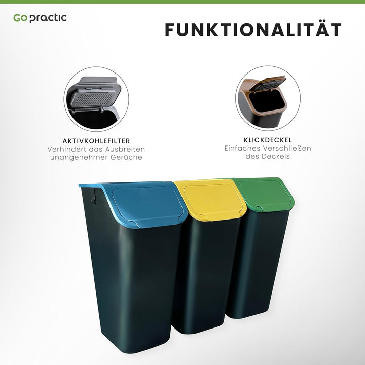 Go Practic 3-er Mülleimer-Set Küche Mülltrennsystem 3x Mülleimer 35l mit Deckel Stapelbar CLICK-Funk