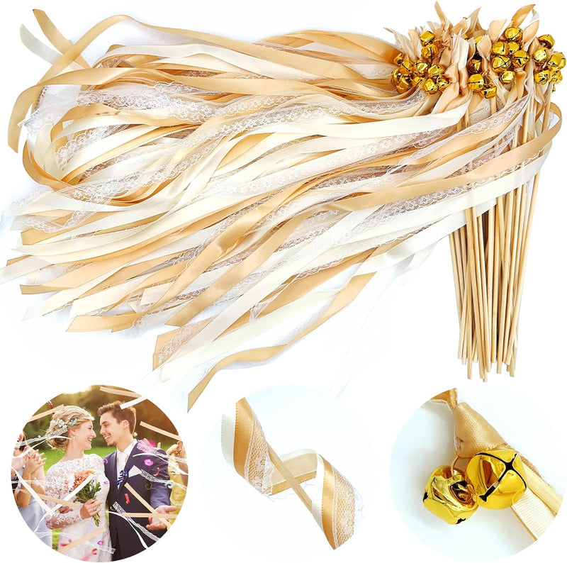 Wedding Wands,50 Stück Stäbe mit 100 Gross Glöckchen und 150 Hochzeitsbändern,Seidenfeenstab,Gastges