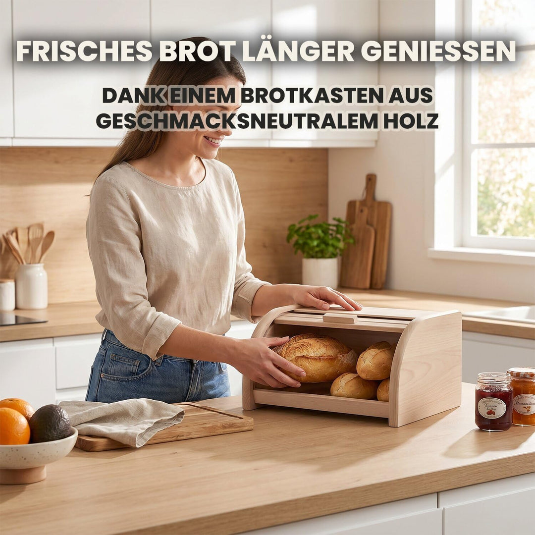 Brotkasten Holz 30,5 x 26 x 15,5 cm - Brotbox aus Buchenholz mit grosser Öffnung und Rolltop, die di