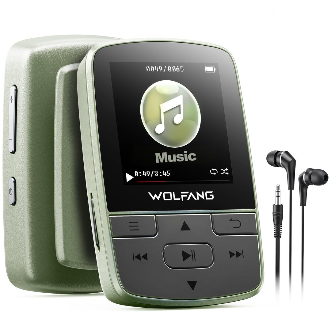 WOLFANG 64 GB MP3-Player mit Bluetooth 5.2, Sportclip, Mini-Grösse, Gewicht 28,3 g, HiF-FM-Radio, Di