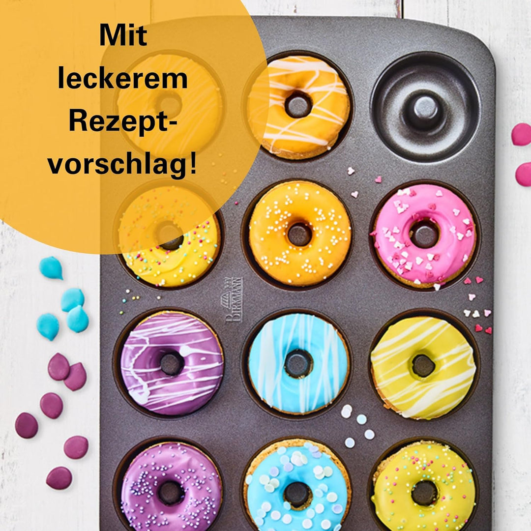 Birkmann Easy Baking Mini-Donutblech, 12 Mulden Donut Backform aus Karbonstahl mit Antihaftbeschicht