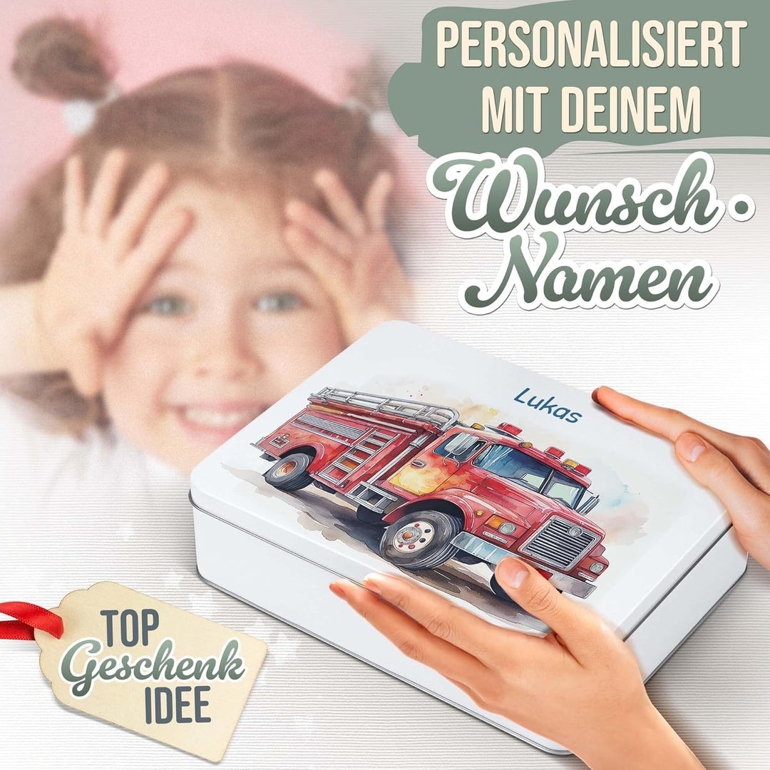 Print Royal PR Erinnerungsbox für Kinder mit Name - Feuerwehr - Blechdose bedrucken, Geschenkdose -