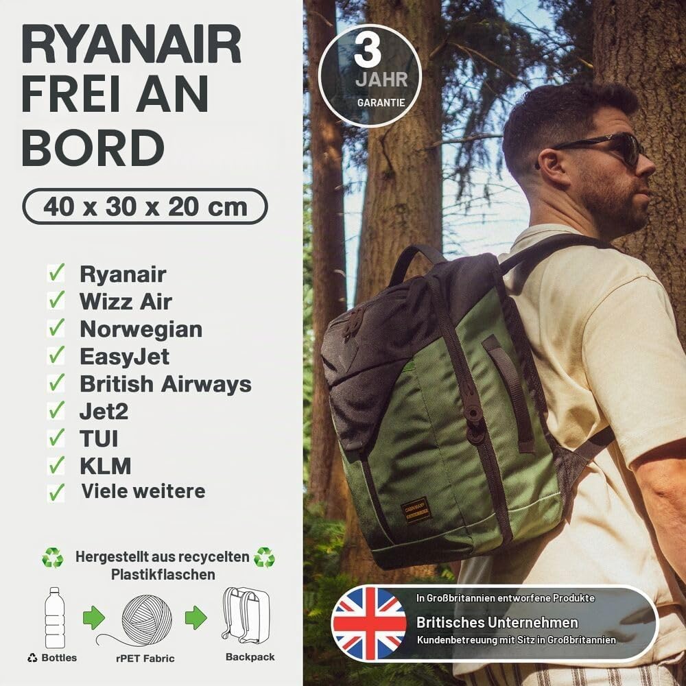 Cabin Max Handgepäck-Rucksack 40x30x20 Ryanair Reiserucksack für Flugzeug 24L Inca Grün, 24L Inca Gr