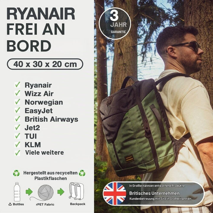 Cabin Max Handgepäck-Rucksack 40x30x20 Ryanair Reiserucksack für Flugzeug 24L Inca Grün, 24L Inca Gr