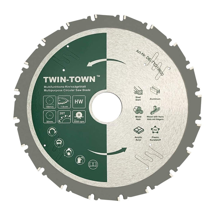 TWIN-TOWN HM Multifunktions-Kreissägeblatt 190 x 30 mm Z20 ist ideal zum Sägen von Holz, Stahl, Alum