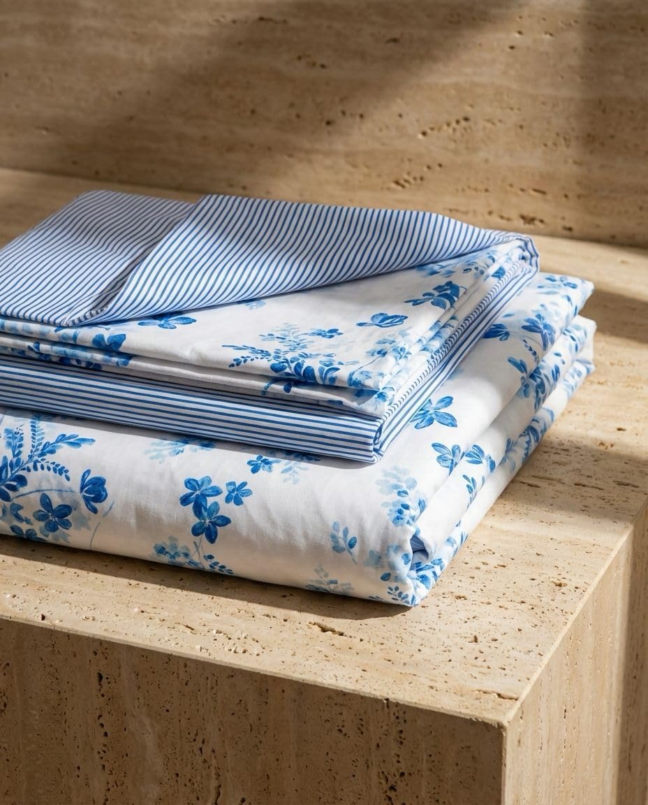 LERUUM Bettwäsche Set 135X200 Baumwolle Streifen Blumen Reversibel Blau Bettbezugen (135 x 200 + 80