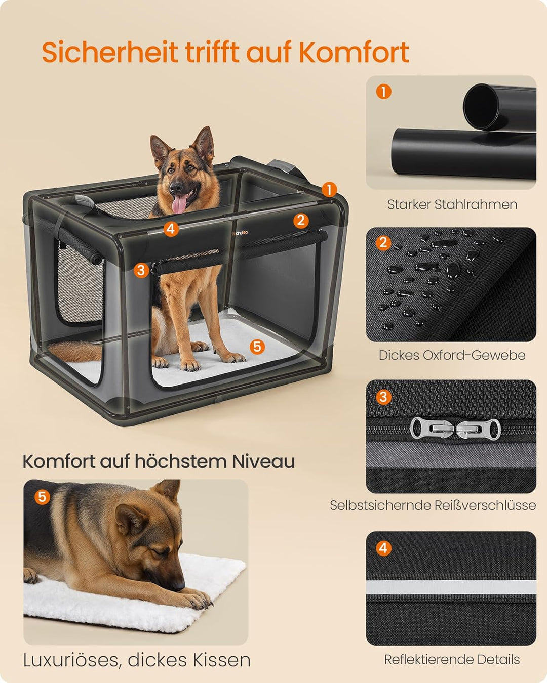 Feandrea Hundebox faltbar, 106,7 cm Transportbox für grosse Hunde, Hundetasche, Oxford-Gewebe, mit 4