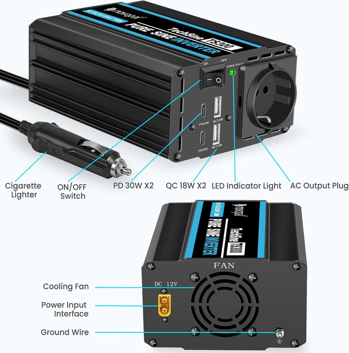 novopal 300W Wechselrichter Reiner Sinus 12V auf 230V Spannungswandler 1 EU Steckdose,2 QC18W +2 PD