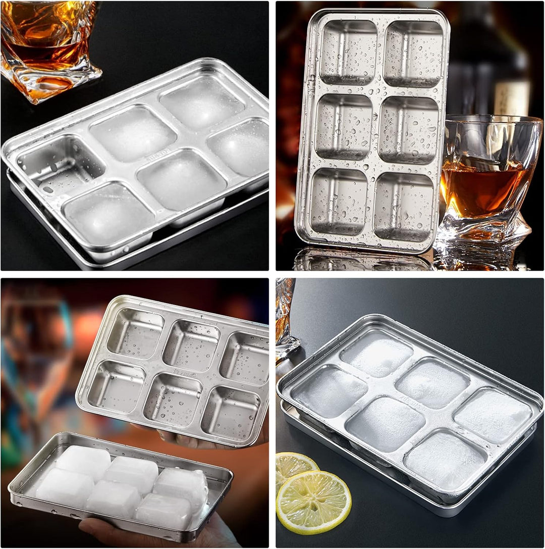 2PCS Eiswürfelform, Eiswürfelbehälter mit Deckel, 6-Fach Gross Edelstahl Eiswürfel Form Ice Cube Tra
