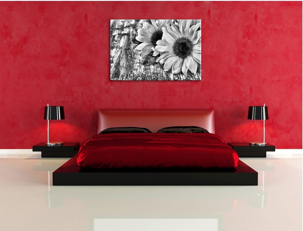 Pixxprint Sonnenblumen auf Holztisch als Leinwandbild/Grösse: 100x70 / Wandbild/Kunstdruck/fertig be